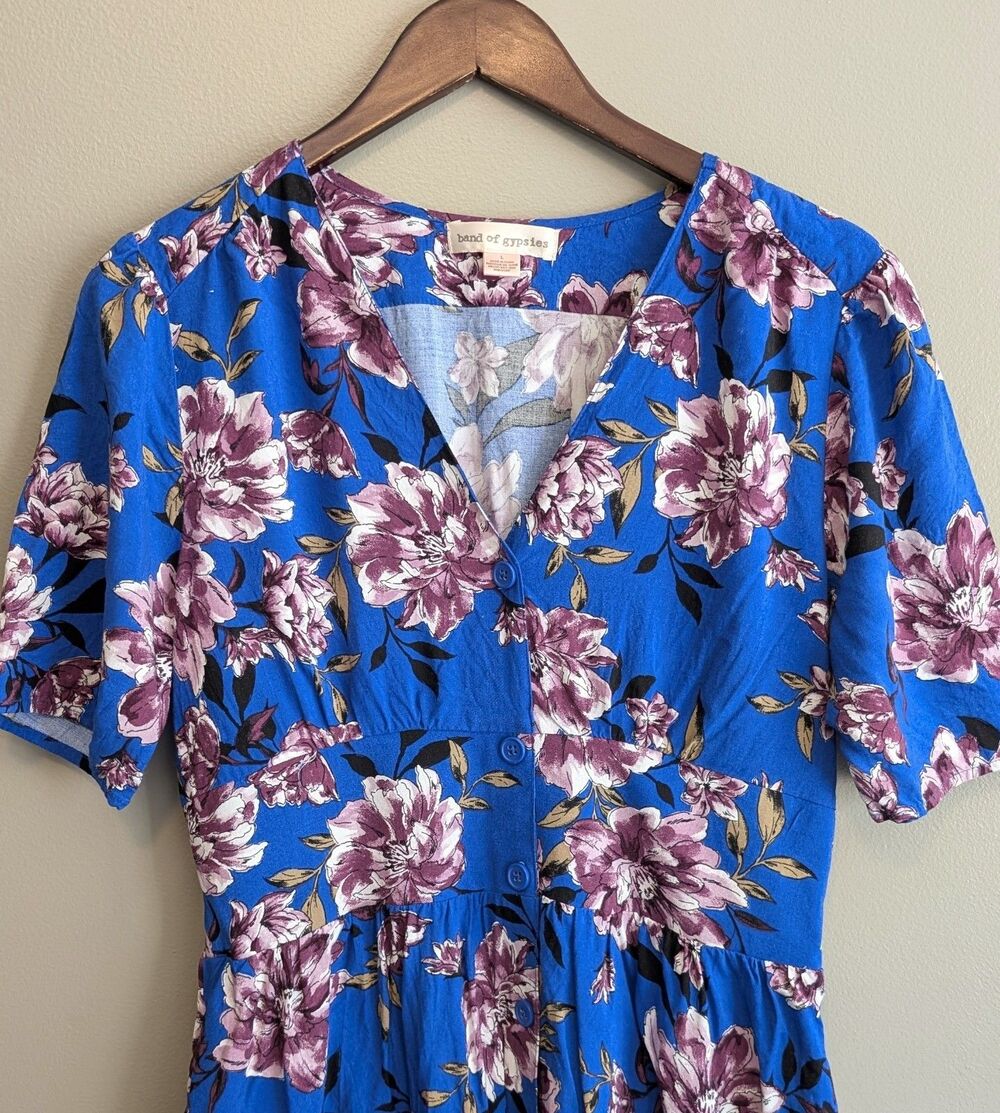 Band of Gypsies Floral Dress Womens Large L Blue Purple Button Up Short Sleeve